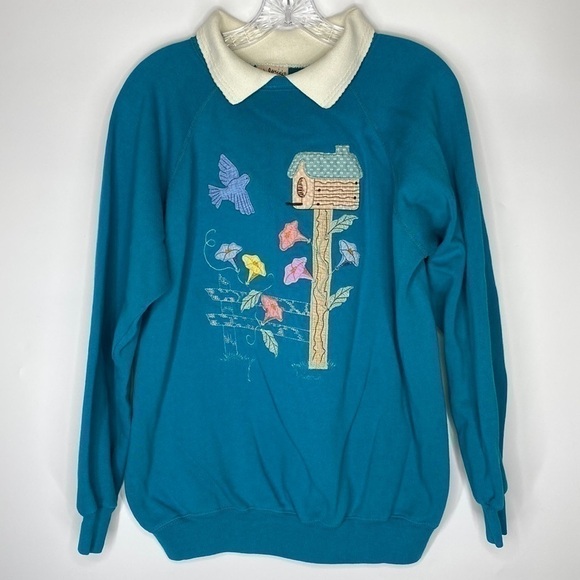 Vintage Hanes Valorie's Folk Art Applique Blue Bird Sweatshirt Raglan Sleeve XL - Picture 1 of 7